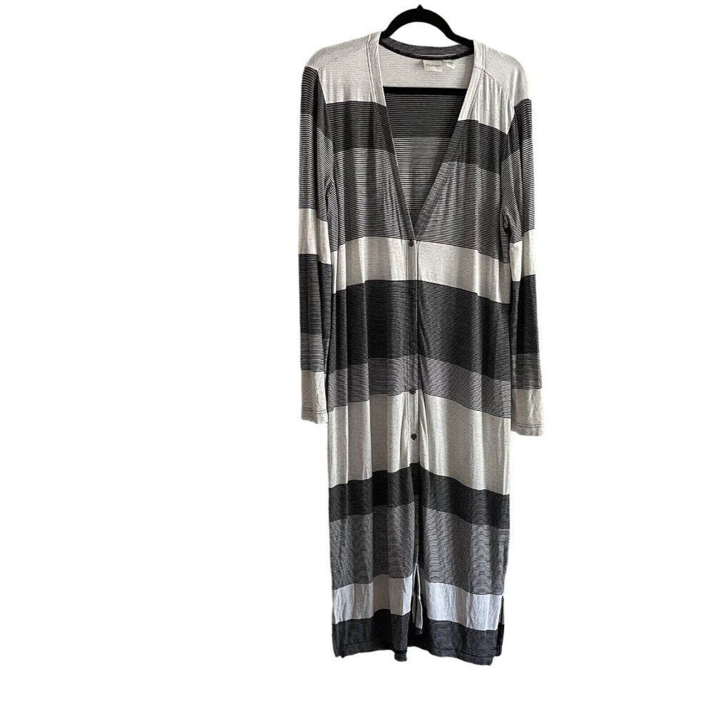 Zenergy By Chicos Sz 2 US L Gray/Black/White Striped Long Duster Button Cardigan